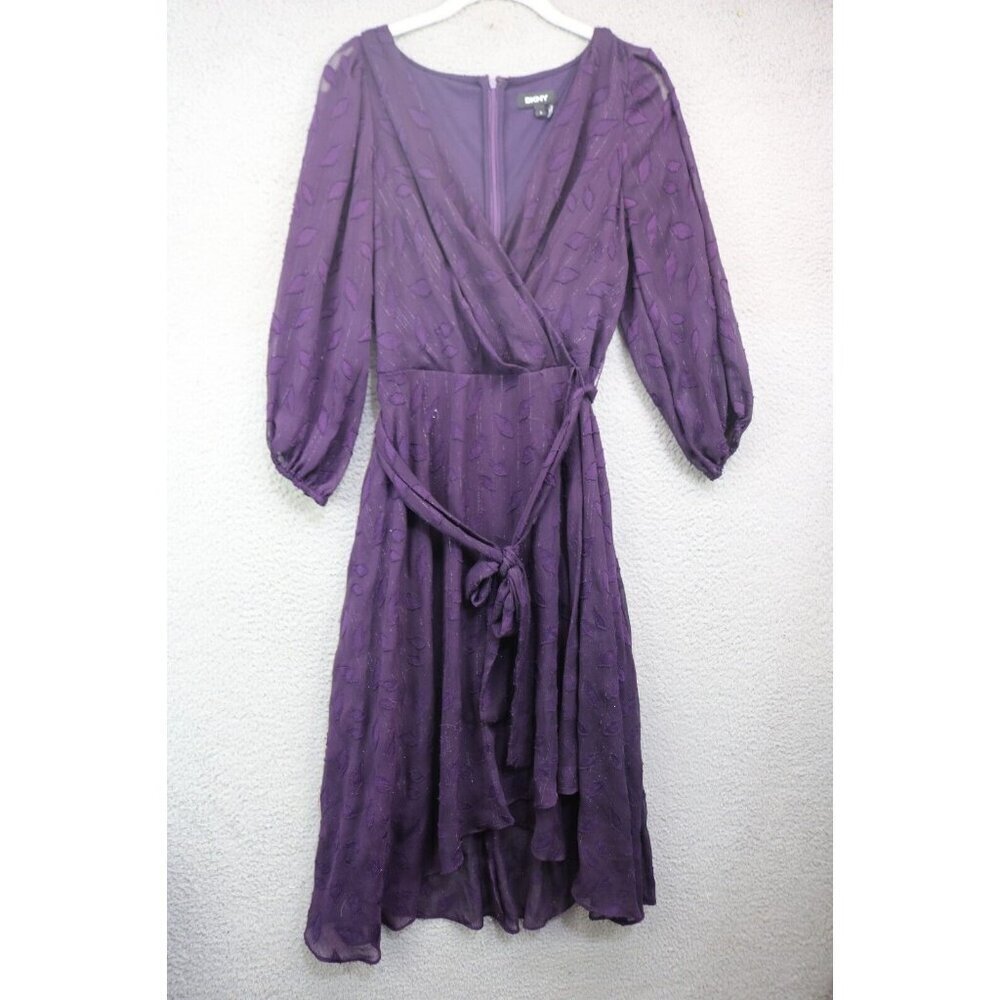 DKNY Purple‎ 3/4 Balloon Sleeve Asymmetrical Midi Dress-Size 8-Fairy-Whimsigoth